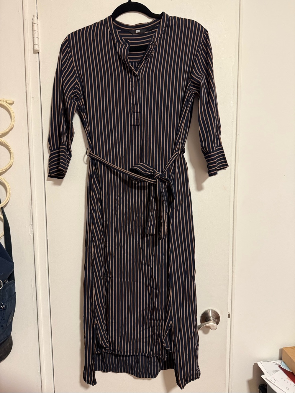 Uniqlo Striped Black and Beige Tie-Waist Midi Dress